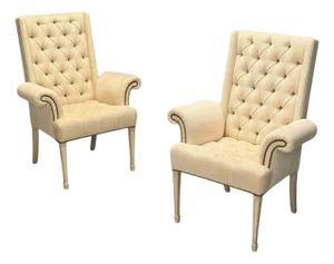 Grosfeld House, Hollywood Regency, Rolled Arm Chairs, Painted Wood, Tweed Linen