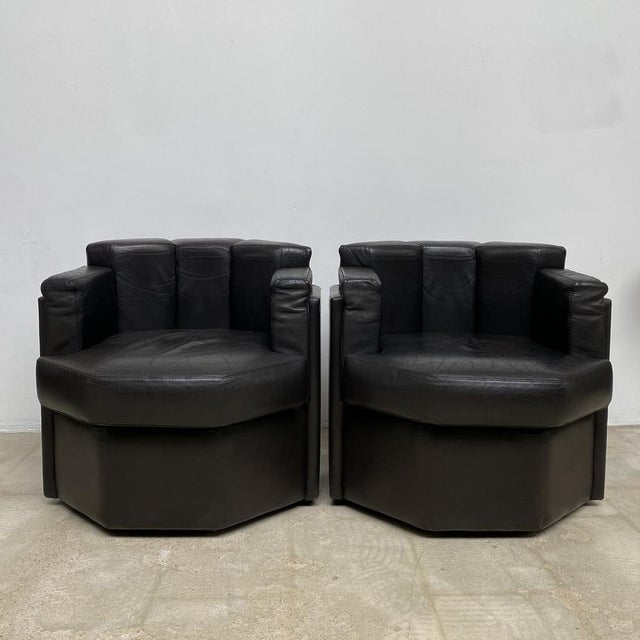 Set of Octagonal Club Chairs in Brown Leather, 1970s For Sale - Image 12 of 15