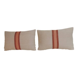 French Pink and Red Linen Trim Decorative Lumbar Pillows - A Pair For Sale