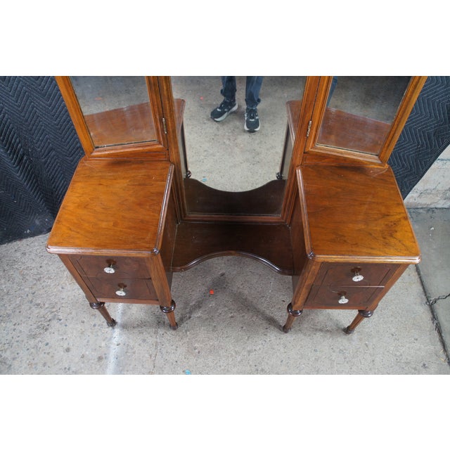 Wood Antique Walnut Dressing Table Vanity Desk W Trifold Mirror 68" For Sale - Image 7 of 12
