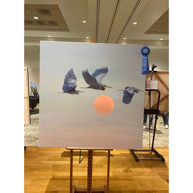 2020s Large Contemporary Oil Painting Blue Herons Over Sunset For Sale - Image 5 of 14