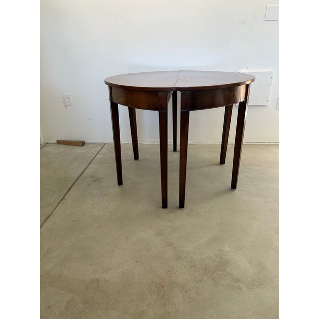 Brown Pair of Federal-Style Demi-Lune Console Tables — Mahogany Veneer, Mid-20th Century For Sale - Image 8 of 10