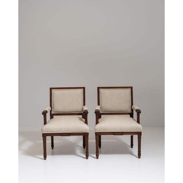 Pair of 19th Century French Chestnut Brown Louis XVI Oak Upholstered Armchairs For Sale - Image 4 of 15