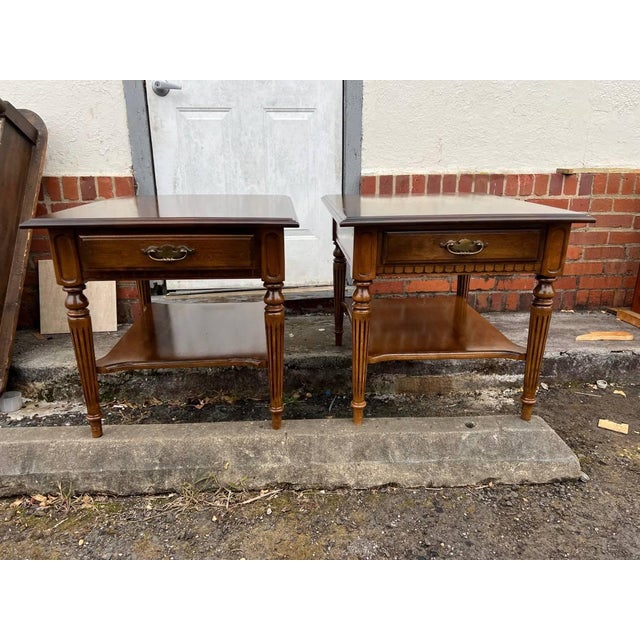 Vintage Ethan Allen Pair of Traditional Style Solid Wood 2 Tier Nightstands Bed Side Tables. Solid wood frame, American...