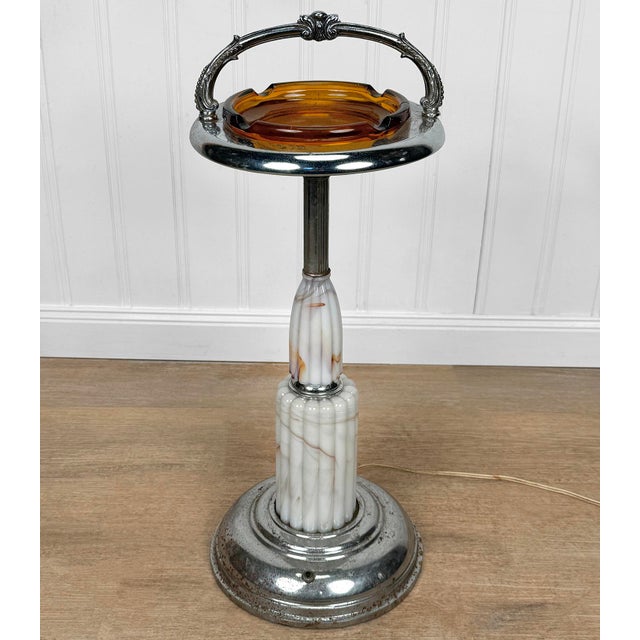 Art Deco Vintage Art Deco Slag Glass & Chrome Illuminated Cigar Ashtray Stand For Sale - Image 3 of 10