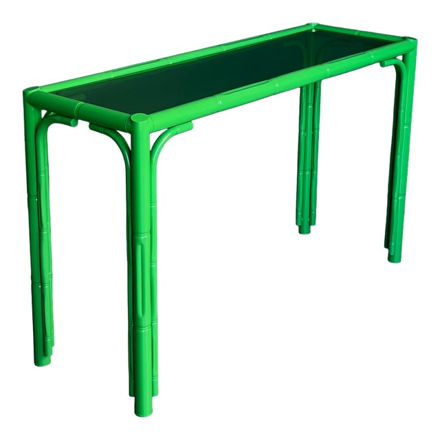 Late 20th Century Faux Bamboo High Gloss Green Lacquered Console For Sale
