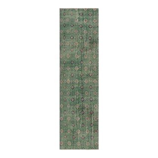 Vintage Distressed Runner Rug, Green-Blue Geometric Floral Pattern - Rug & Kilim For Sale