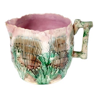 Antique 19th C Etruscan Majolica Pitcher Shell Seaweed Pattern 7" Tall C1890s For Sale