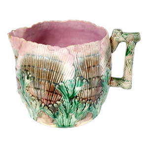 Antique 19th C Etruscan Majolica Pitcher Shell Seaweed Pattern 7" Tall C1890s