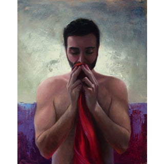 What Was Left Behind by Kirsten Savage | Oil on panel of a man holding a red cloth. For Sale