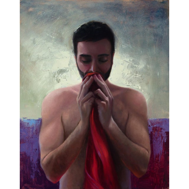 What Was Left Behind by Kirsten Savage | Oil on panel of a man holding a red cloth. For Sale