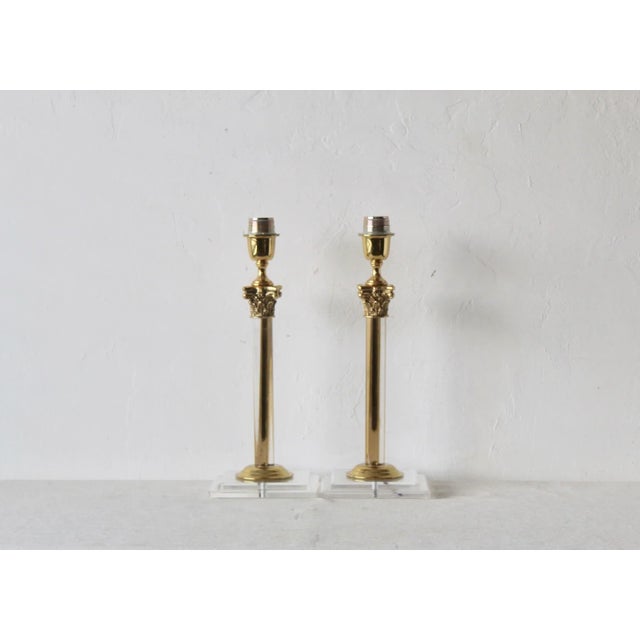 Pair of Glam Italian Mid-Century Brass Lucite Corinthian Column Table Lamps. Gorgeous details, lucite columns and bases....