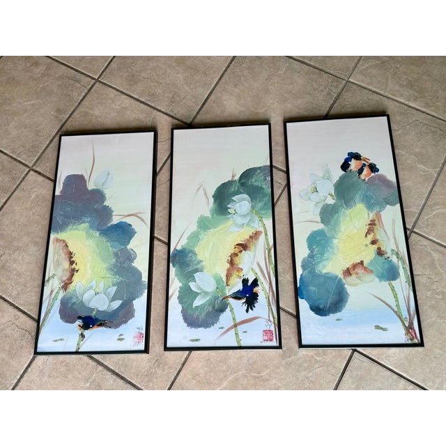 Chinese Set 3 Chinese Watercolor Paintings Kingfishers & Lotus Flowers, Framed For Sale - Image 3 of 18