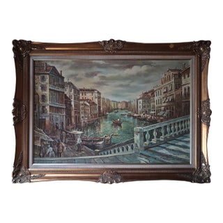 Mid-20th Century Venetian Canal Landscape Oil Painting Signed R. Millano For Sale
