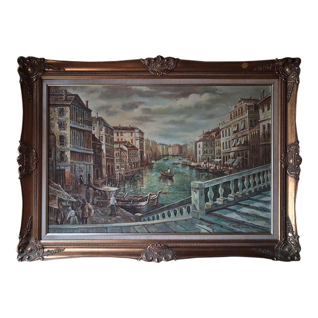 Mid-20th Century Venetian Canal Landscape Oil Painting Signed R. Millano For Sale