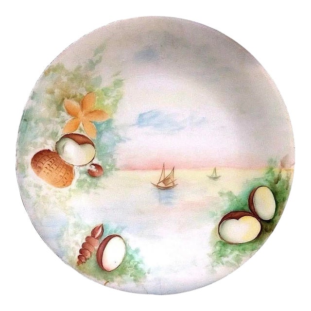Antique Hand Painted Limoges Oysters and Sailboat Cabinet Plate For Sale