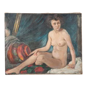 French Vintage Nude Oil on Canvas Painting by Coze