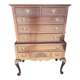 1920s Antique Queen Anne Style Mahogany Flattop Highboy Chest on Chest Dresser For Sale