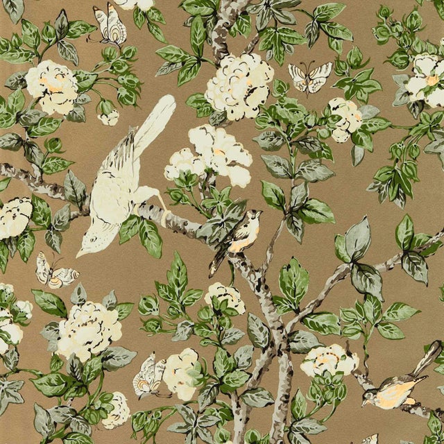 Sanderson Caverley Wallpaper in Gold Metallic/Gardenia Green - a Sample For Sale