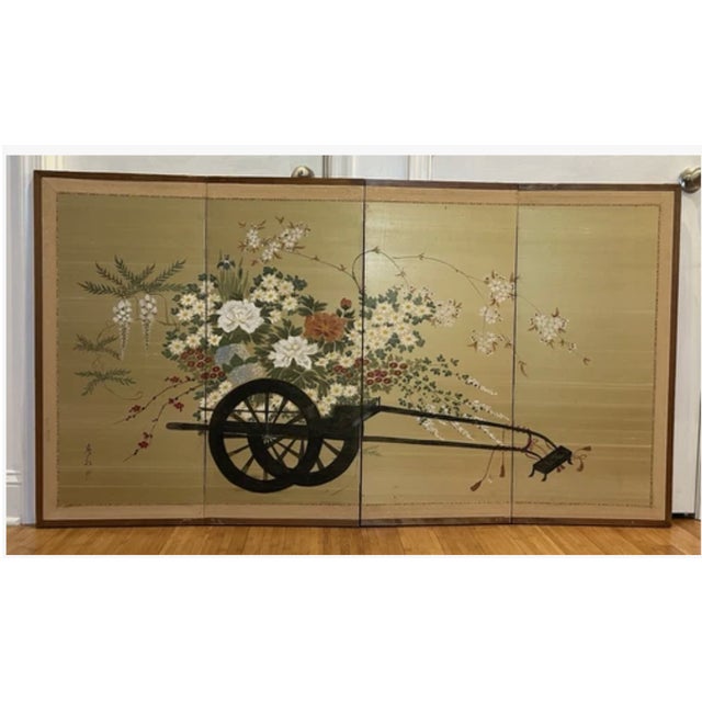 Japanese Vintage Japanese 4-Panel Byobu Flower Cart Hand Signed Painted Folding Screen For Sale - Image 3 of 3