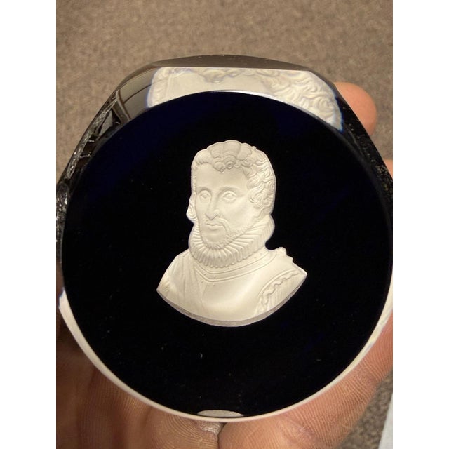 Late 20th Century Late 20th Century Cristal d'Albret France Christopher Columbus Sulphide Paperweight Faceted Blue For Sale - Image 5 of 7
