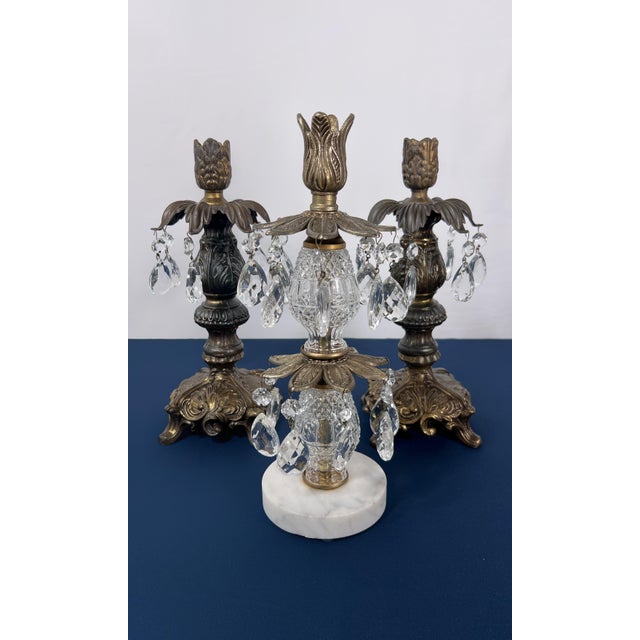 Gilt Brass & Tiered Crystal Girandole Trio - 12" Statement Set For Sale In Houston - Image 6 of 9