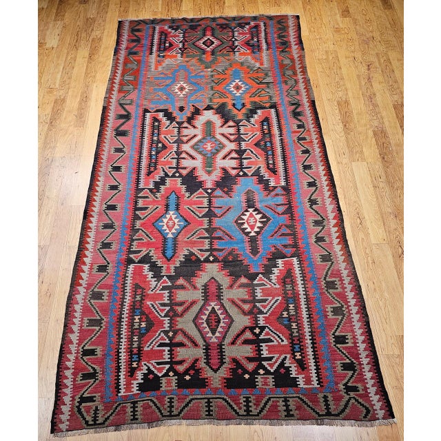 Antique Caucasian Kazak Kilim, Handwoven Wool, Geometric Design, Terracotta & Turquoise, 6x11 For Sale - Image 13 of 18