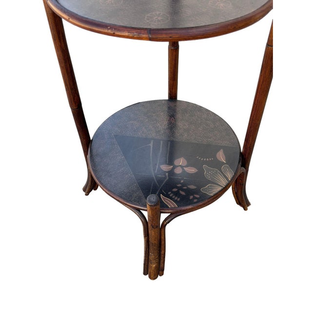 Wood 1970s Costal Three Tiered Dark Stained Rattan Shelf w East Asian Motif Tops For Sale - Image 7 of 11