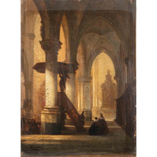 Jules Victor Génisson, Interior of Church, Oil on Board, Mid-19th Century For Sale - Image 4 of 5