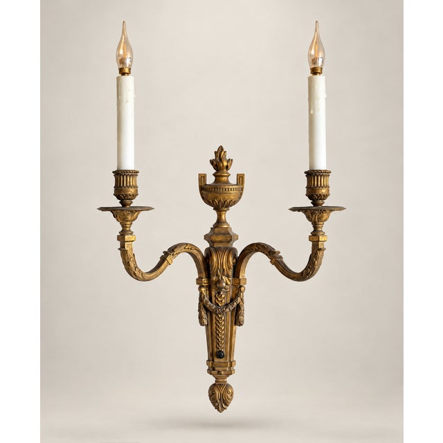 French Antique French Louis XVI Style Twin-Light Wall Sconces - Gilt Bronze Ormolu Neoclassical Double Arm Wall Lights, Late 19th Century - Pair For Sale - Image 3 of 18