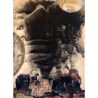 Yitzhak Greenfield, Kibbutz Abstract Jerusalem Nightscape Israeli Tempera Collage Painting Judaica, 1967 For Sale