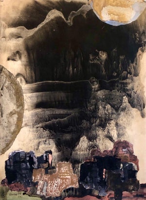 Yitzhak Greenfield, Kibbutz Abstract Jerusalem Nightscape Israeli Tempera Collage Painting Judaica, 1967
