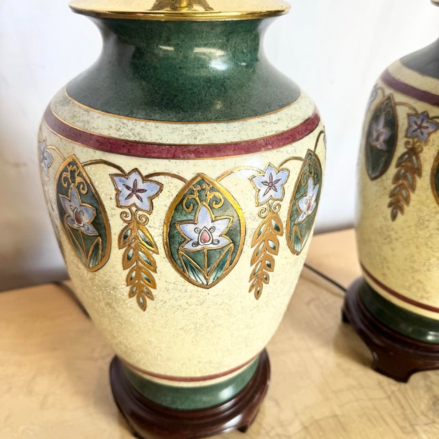 Vintage Green Gold and Cream Hand Painted Table Lamps - A Pair For Sale - Image 4 of 7