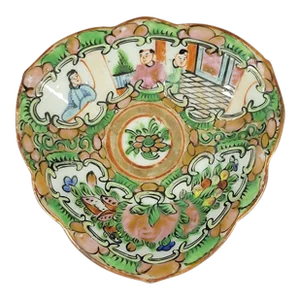 19th C Chinese Rose Medallion Triangular Footed Dish