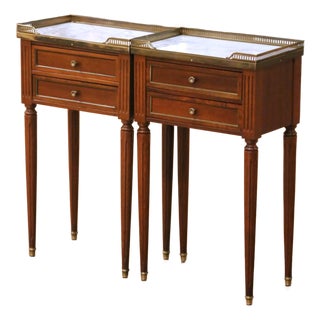 Pair of Vintage French Louis XVI Marble Top Mahogany Two-Drawer Nightstands For Sale
