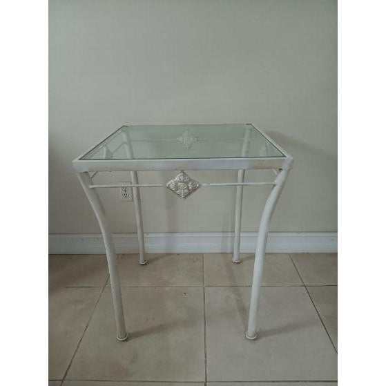 1970s 1970s Metal Dining Patio Set Square Table Glass Top White Chairs on Wheels Set of 3 For Sale - Image 5 of 7