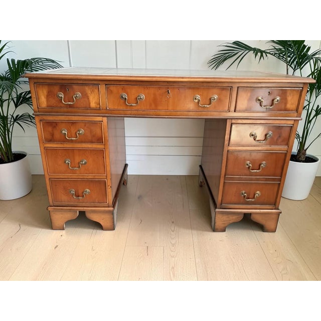 Antique Style Vintage Pedestal Desk with Green Leather Top - In Exceptional Condition - Cleaned and Waxed - 1980's...