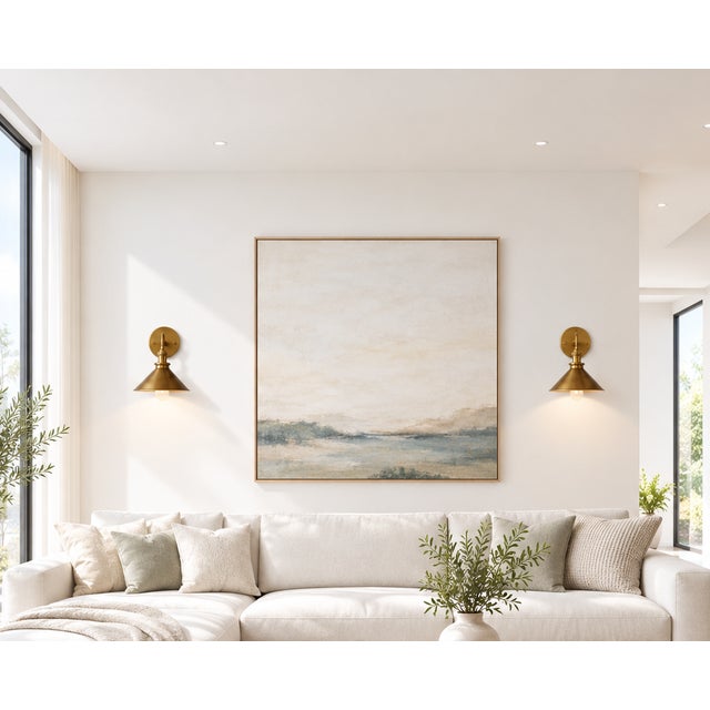 Contemporary Antique Brass Cone Wall Sconces With Wide Metal Shades and Curved Arms - Pair For Sale - Image 3 of 12