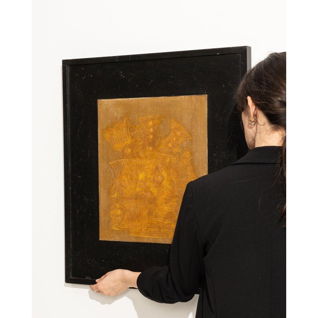 This 1960s painting from Italy is a painting, housed in a wood frame. It is distinguished by its geometric motifs, a...