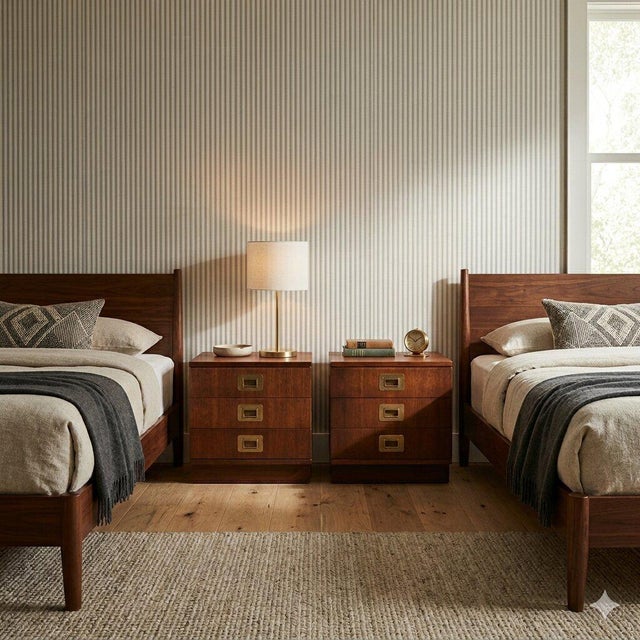 Pair of exotic wood veneer bedside tables with brass handles. Very good condition, fully restored. This piece is...
