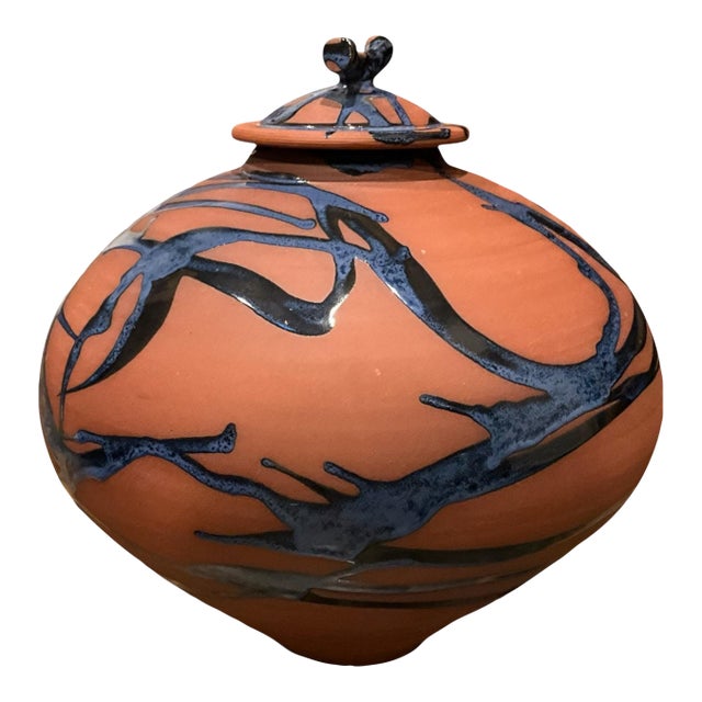 Monumental Jon & Barbara Mehr California Studio Pottery Covered Vessel With Cobalt Glaze For Sale