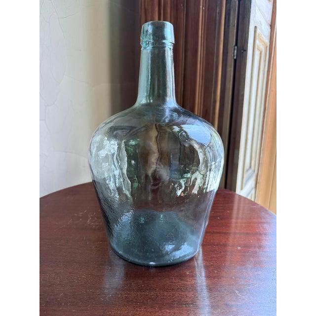 Rustic European Mid 20th Century Spanish Viresa Green Glass Demijohn Bottle Olive Oil/Wine Vessel For Sale - Image 3 of 10