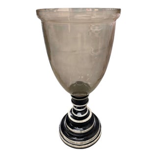 Vintage Smoked Glass Hurricane Candle Holder With Black & White Bone Inlay Base For Sale