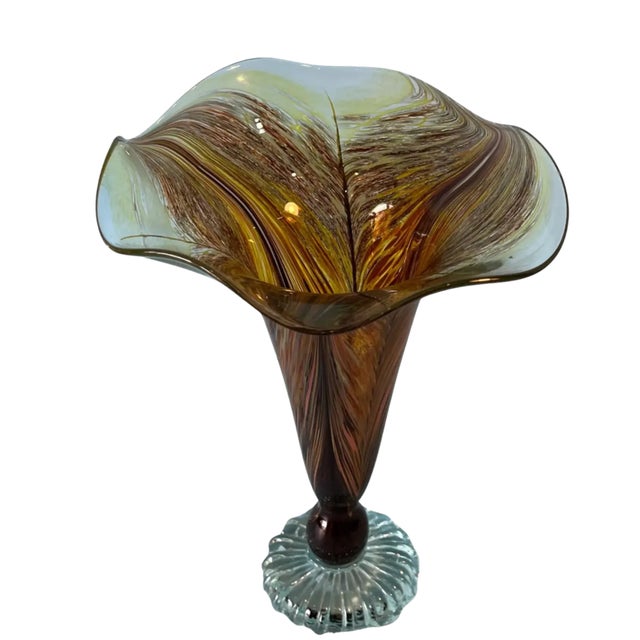 Signed Art Glass Amber Pulled Feather Pattern Trumpet Vase For Sale - Image 9 of 10
