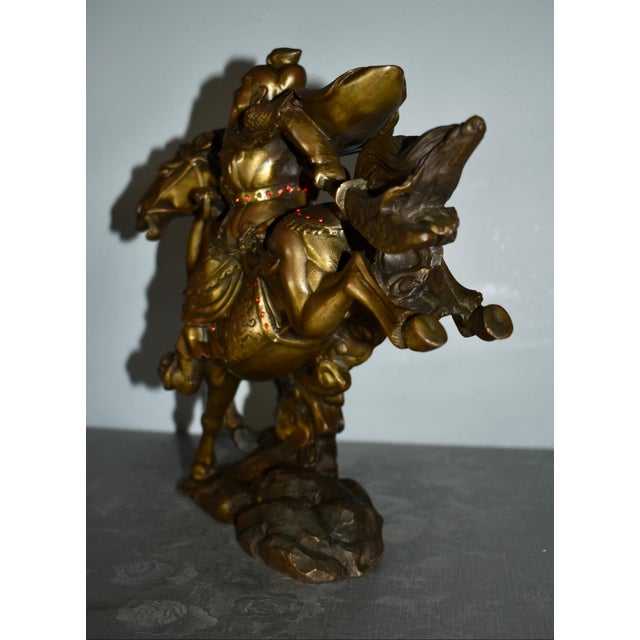 1950s Vintage Solid Bronze Chinese Warrior Figure on Horse W/Jewels For Sale - Image 5 of 12