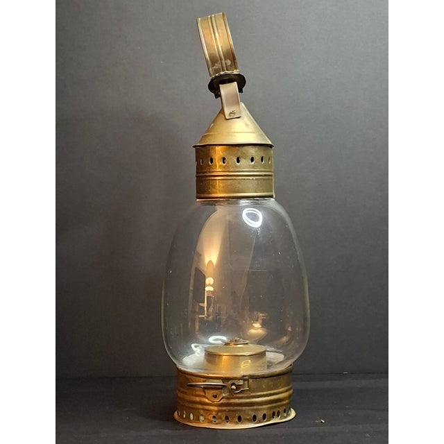 American Antique 1840s Brass Whale Oil Lantern Fixed Globe Pear Shape Glass For Sale - Image 3 of 14