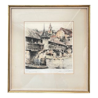 Early 20th Century Signed Original Handcolored Etching of Old Spreuer Bridge (Lucerne, Switzerland) by Paul Geissler For Sale