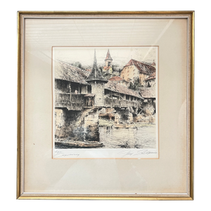 Early 20th Century Signed Original Handcolored Etching of Old Spreuer Bridge (Lucerne, Switzerland) by Paul Geissler