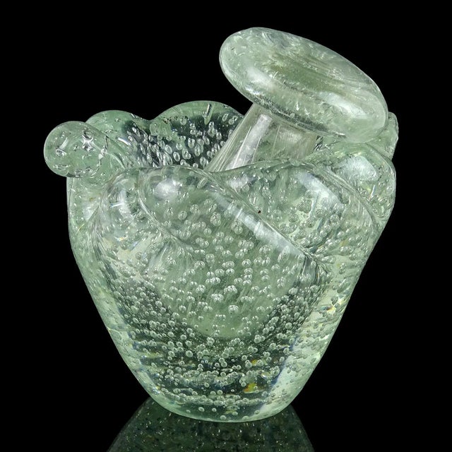 Art Deco Murano Leaf Shape Mortar and Pestel Ashtray Set Art Deco Clear Control Bubbles Italian Art Glass For Sale - Image 3 of 7