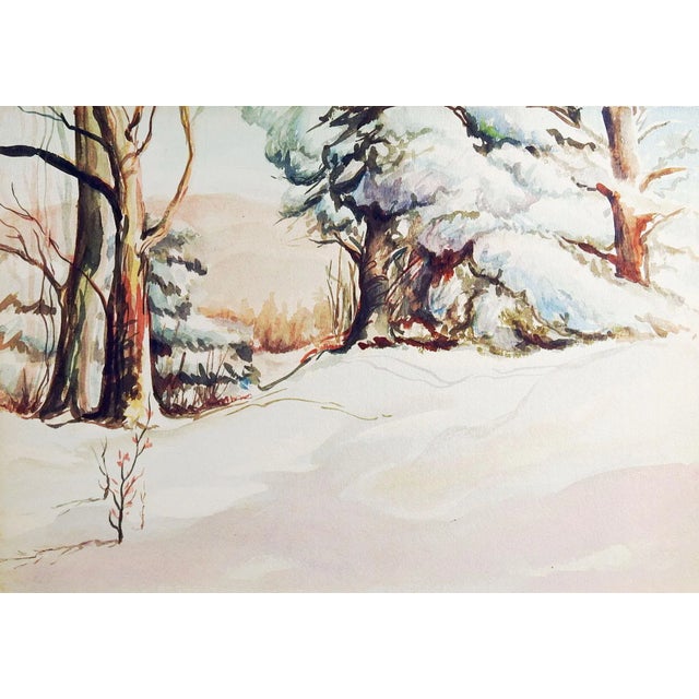 Shabby Chic Mid 20th Century Winter Forest Watercolor Painting For Sale - Image 3 of 3